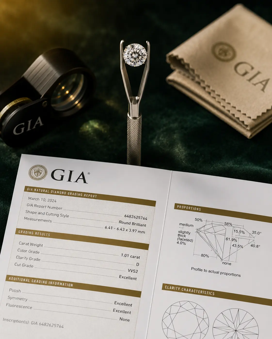 Brillantslebet diamant holdt i metaltænger ovenfor en åben GIA Natural Diamond Grading Report. Rapporten viser specifik 1,01 carat D farve VVS2 Excellent cut — eksempel på den dokumenterede præcision et internationalt diamantlab leverer.