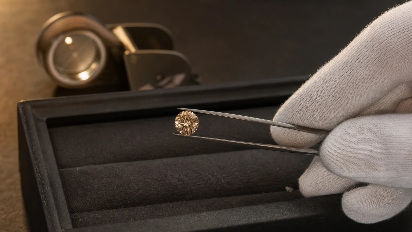 Gemmolog vurderer en brun champagne-diamant med pincet og loupe under kontrollerede lysforhold