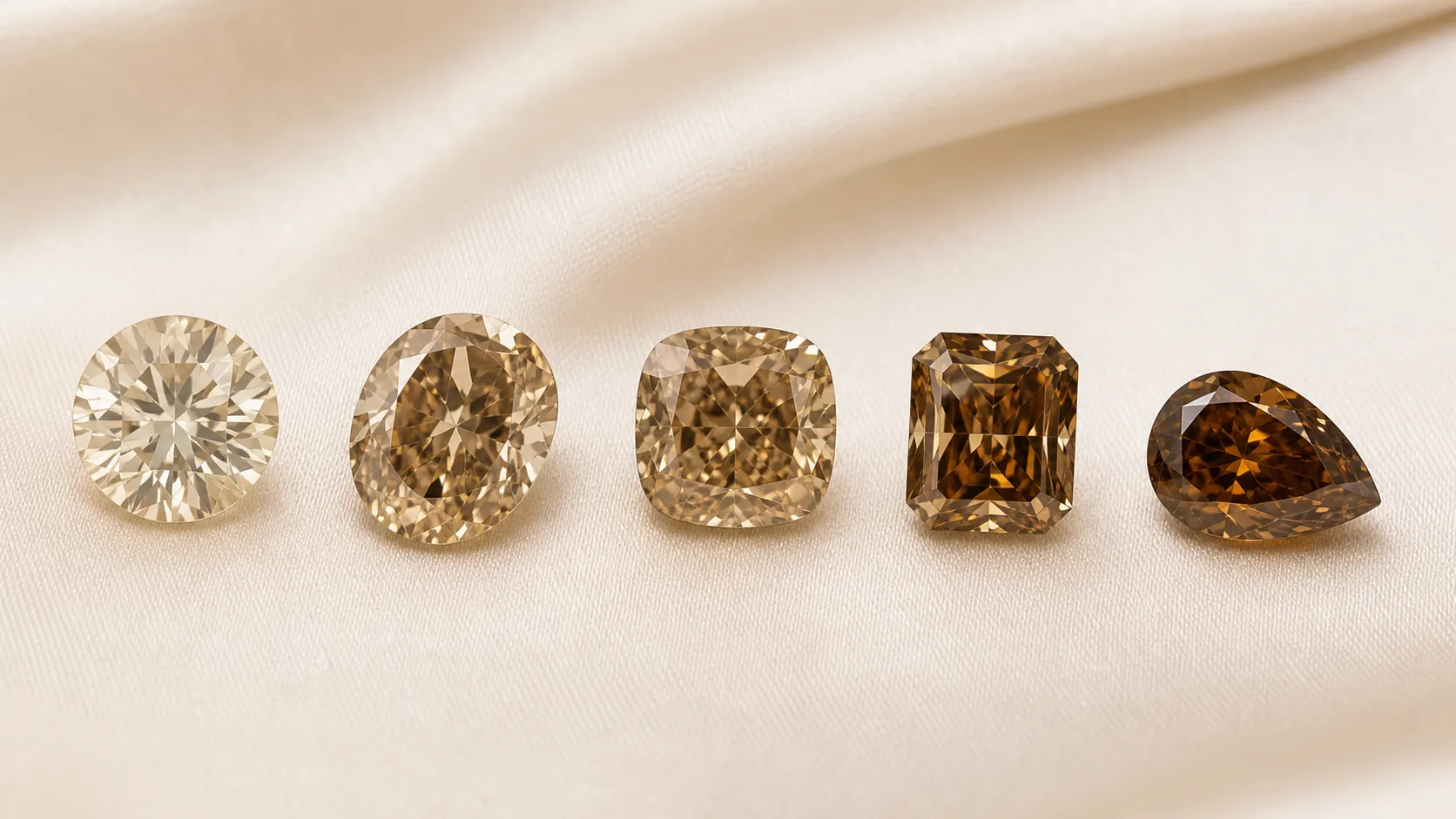 Fem champagne- og brune diamanter i stigende farvestyrke — fra lys champagne til mørk chocolate-brun, round, oval, cushion, radiant og pear cut