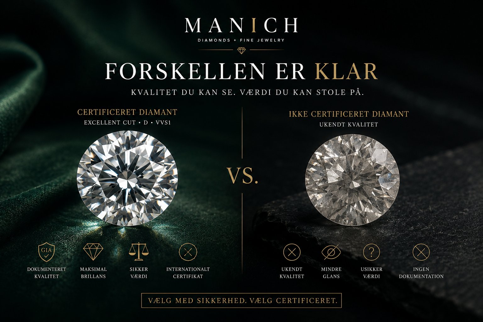 Sammenligning af certificeret diamant med GIA-rapport vs. uncertificeret diamant af ukendt kvalitet