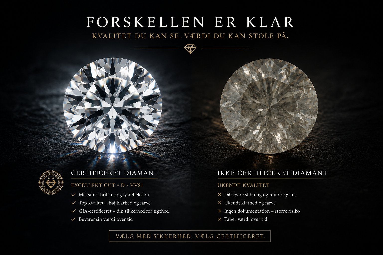 Visuel sammenligning mellem en certificeret diamant (Excellent cut, D farve, VVS1 klarhed, GIA-certificeret) og en ikke-certificeret diamant af ukendt kvalitet. Den certificerede diamant viser maksimal brillans, top kvalitet og bevarer sin værdi over tid, mens den ikke-certificerede har dårligere slibning, ukendt klarhed og farve, ingen dokumentation og taber værdi over tid.