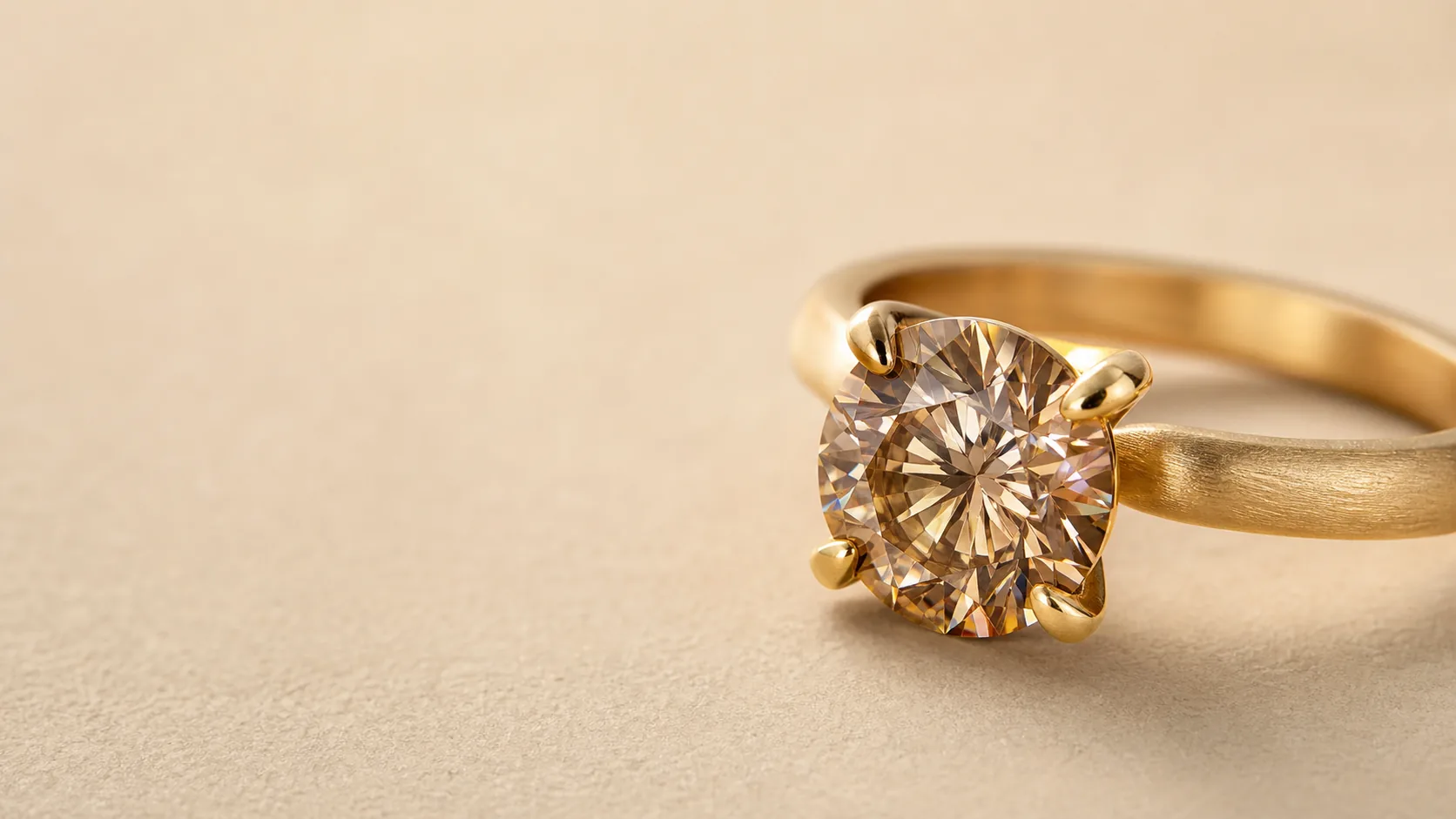 Champagne-diamant i solitaire-ring, 18 kt. gulguld — rund slebet naturlig brun diamant