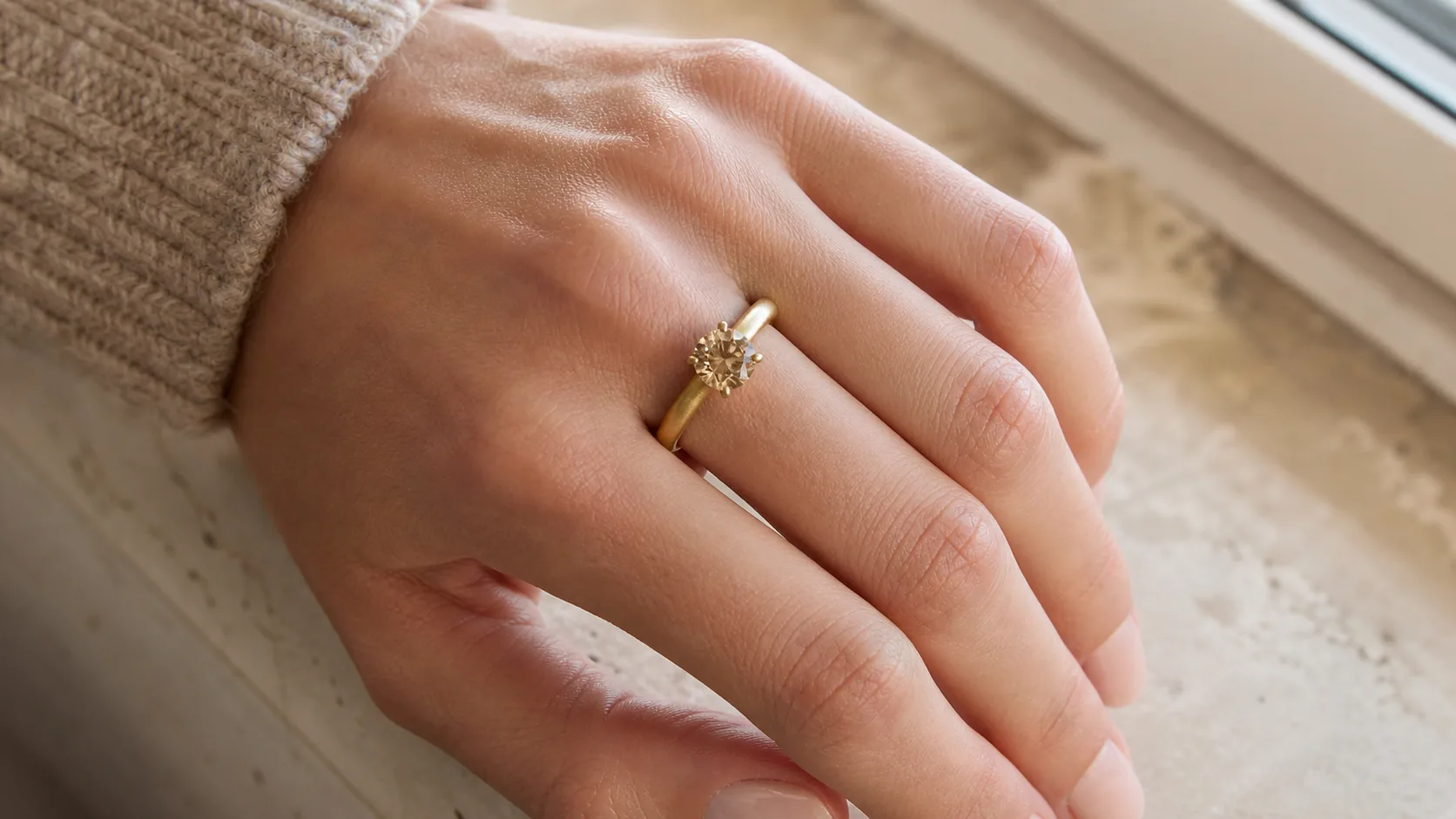 Champagne-diamant solitaire-ring i gulguld på hånd