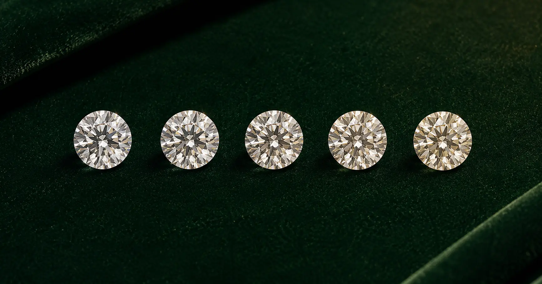 Fem runde brillantslebne diamanter i række på mørk grøn velour, der viser den subtile farve-gradient fra GIA G (kølig hvid) til GIA J (faintly tinted) — det område som den skandinaviske Wesselton- og Top Wesselton-betegnelse dækker.