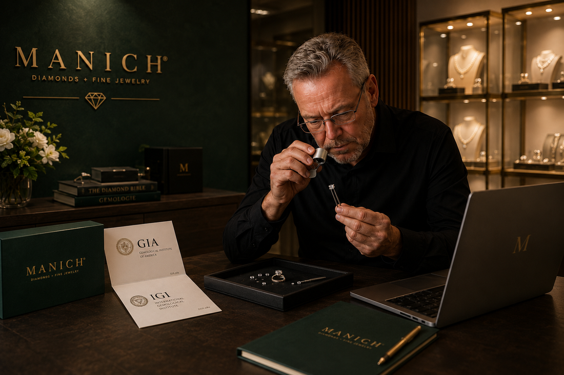 Juveler Erik Manich vurderer en GIA-certificeret diamant med loupe