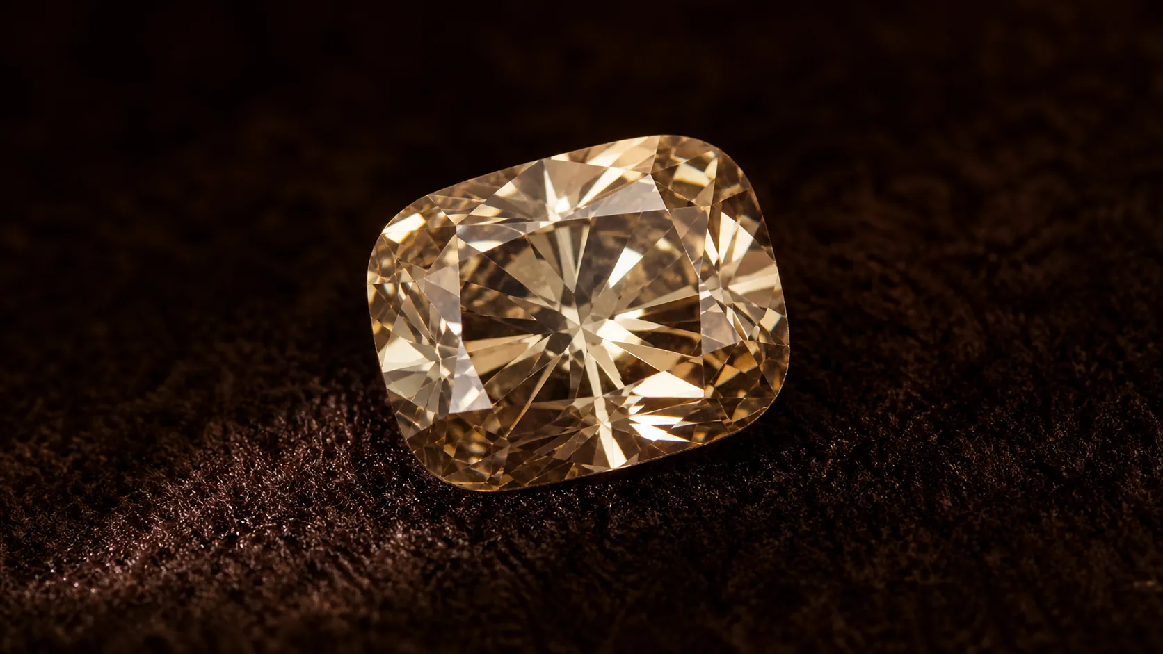 Makrofoto af fancy brun champagne-diamant i cushion cut, der viser slibningens facetter og farvefordeling