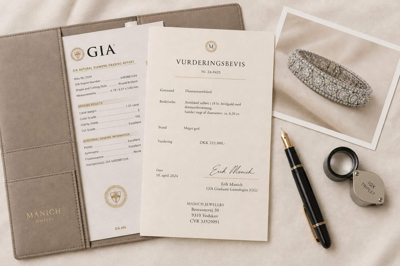Forsikringsdokumentation med vurderingsbevis, GIA-rapport, billeder og loupe