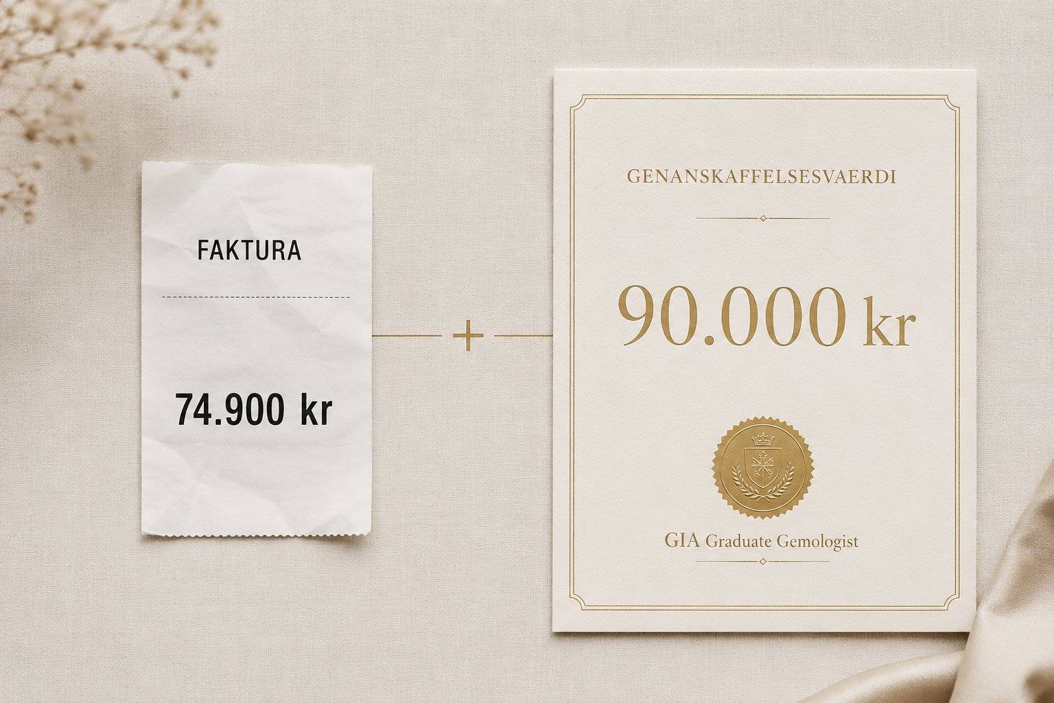 Faktura på 74.900 kr ved siden af vurderingsbevis på 90.000 kr med gylden forbindelseslinje