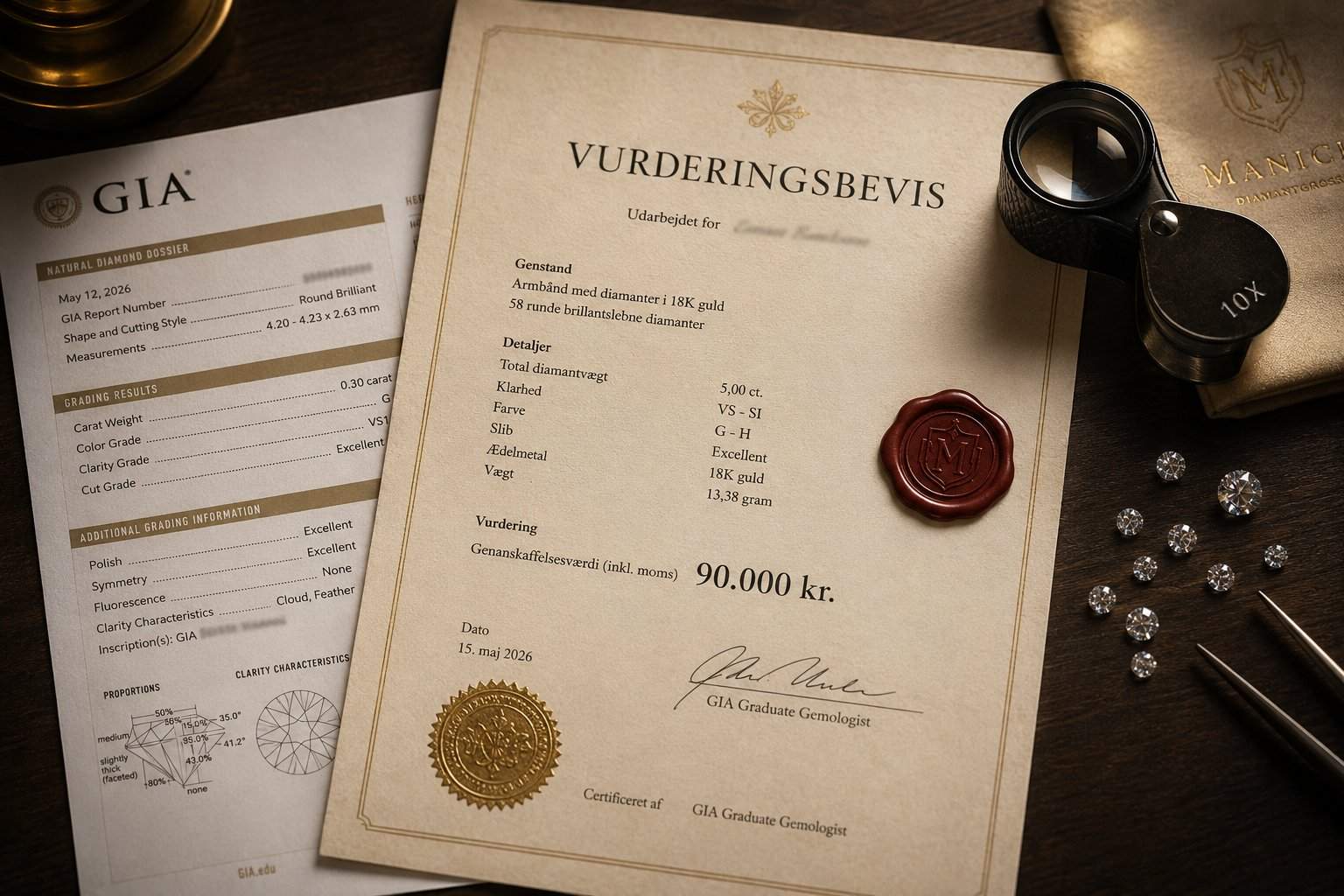 Vurderingsbevis med stempel, segl og GIA-rapport