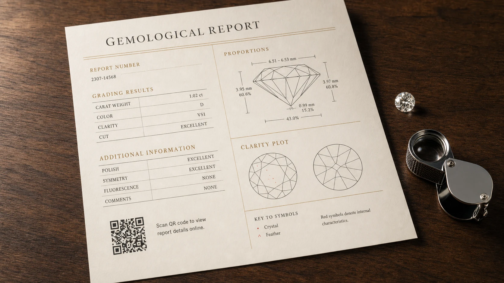 Annoteret GIA Diamond Grading Report der viser hver sektion af rapporten