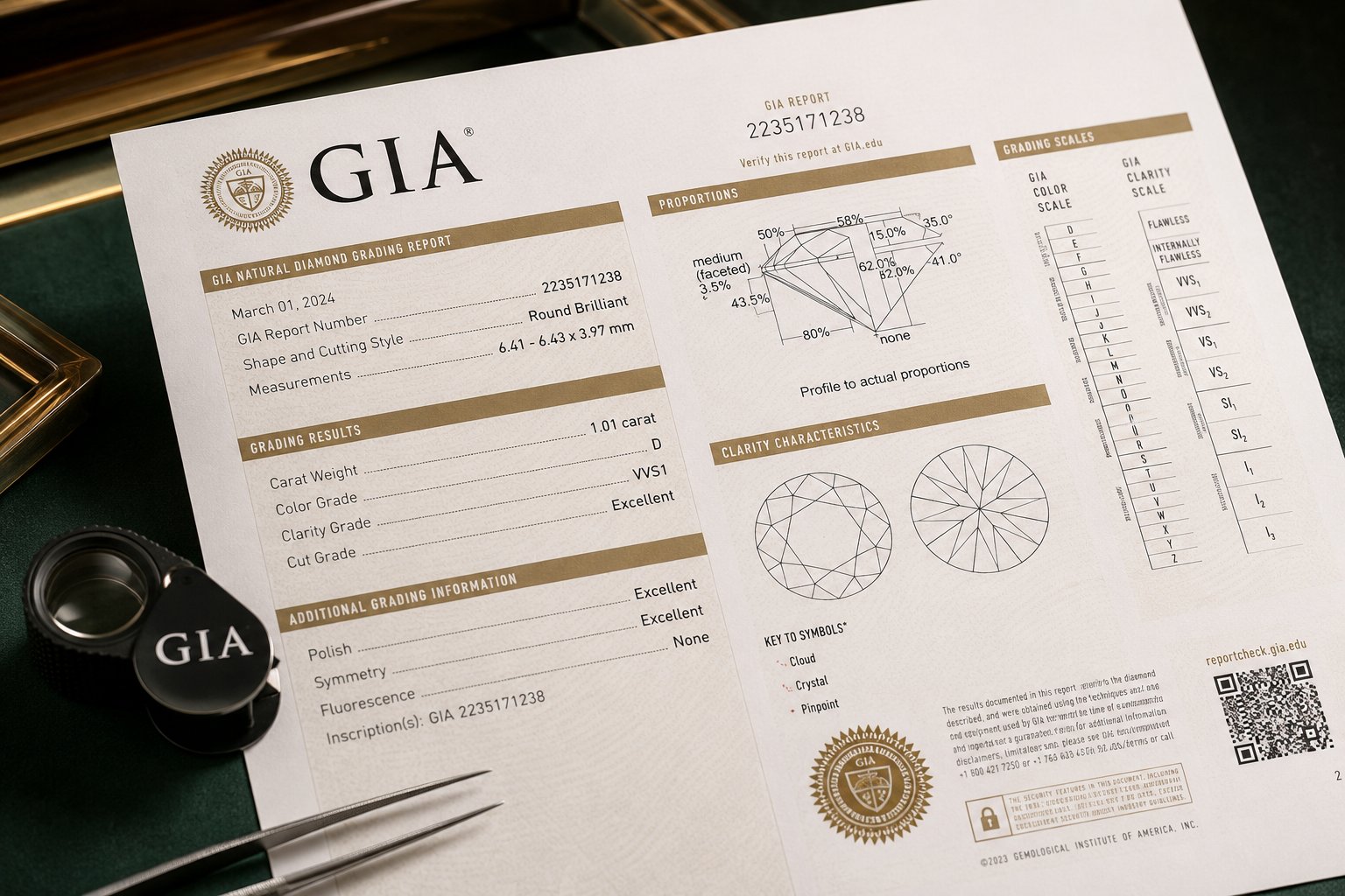 Close-up fotografi af en autentisk GIA Natural Diamond Grading Report — rapportnummer 2235171238, dateret marts 2024. Rapporten viser alle officielle sektioner: Grading Results (1,01 carat, D farve, VVS1 klarhed, Excellent cut), Additional Grading Information (Polish Excellent, Symmetry Excellent, Fluorescence None), proportions diagram med præcise vinkler og procenter, Clarity Characteristics med plot af inklusioner, GIA Color Scale (D-Z) og Clarity Scale (Flawless til I3), QR-kode til online verifikation på reportcheck.gia.edu samt GIA-logo og sikkerhedsmærke. En GIA-loupe ligger ved siden af rapporten.