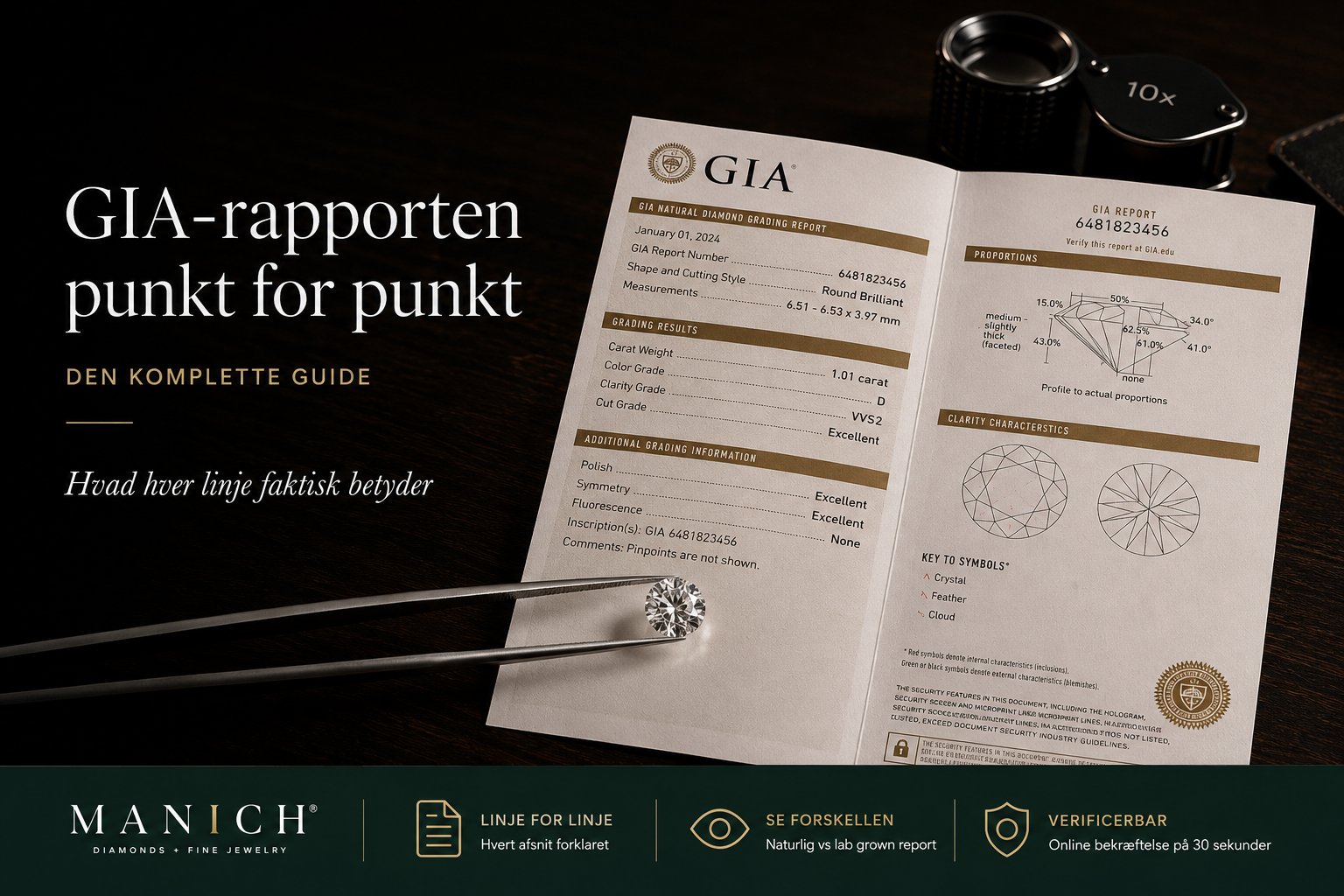 Autentisk GIA Diamond Grading Report åbnet på mørkt bord med diamant i tweezers og 10x juvelers loupe. Rapporten viser komplet grading med farve, klarhed, cut, polish, symmetry og fluorescens — den slags dokumentation kunden modtager ved køb af en GIA-certificeret diamant.