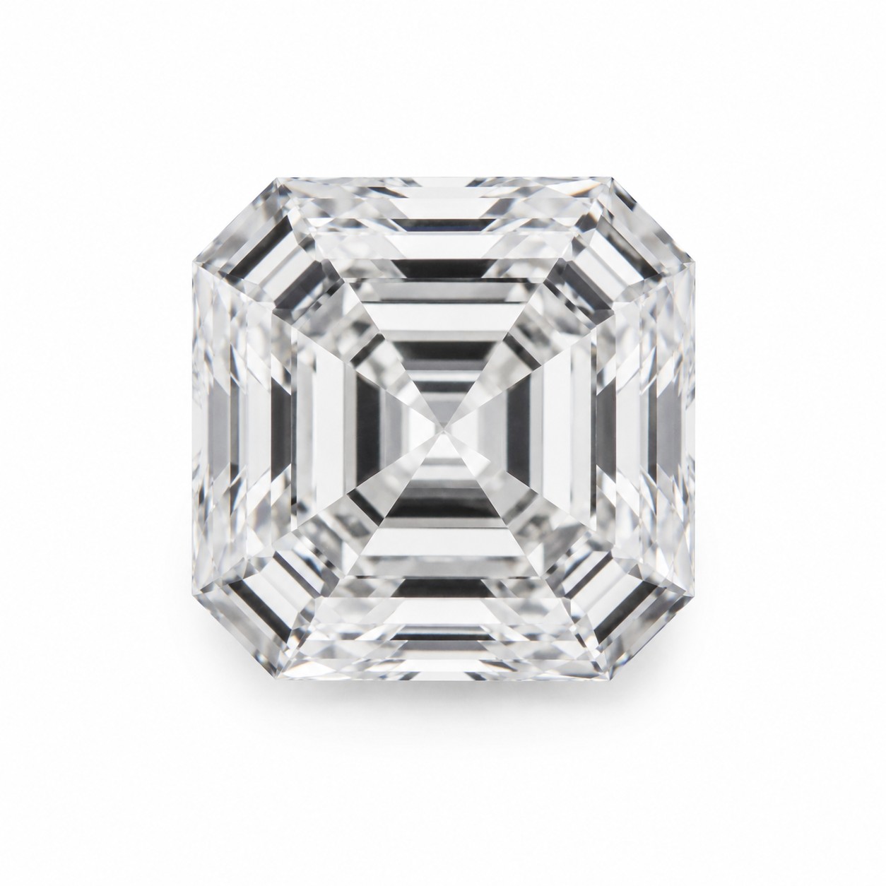 Løs asscher-slebet diamant fotograferet ovenfra på hvid baggrund
