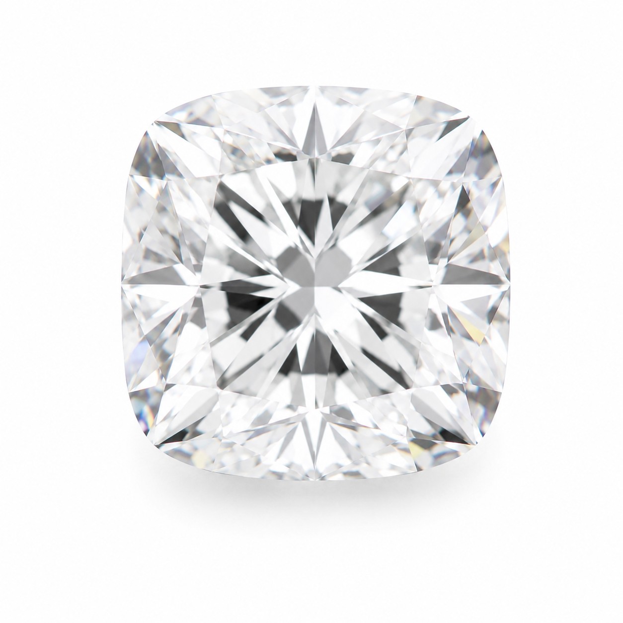 Løs cushion-slebet diamant fotograferet ovenfra på hvid baggrund