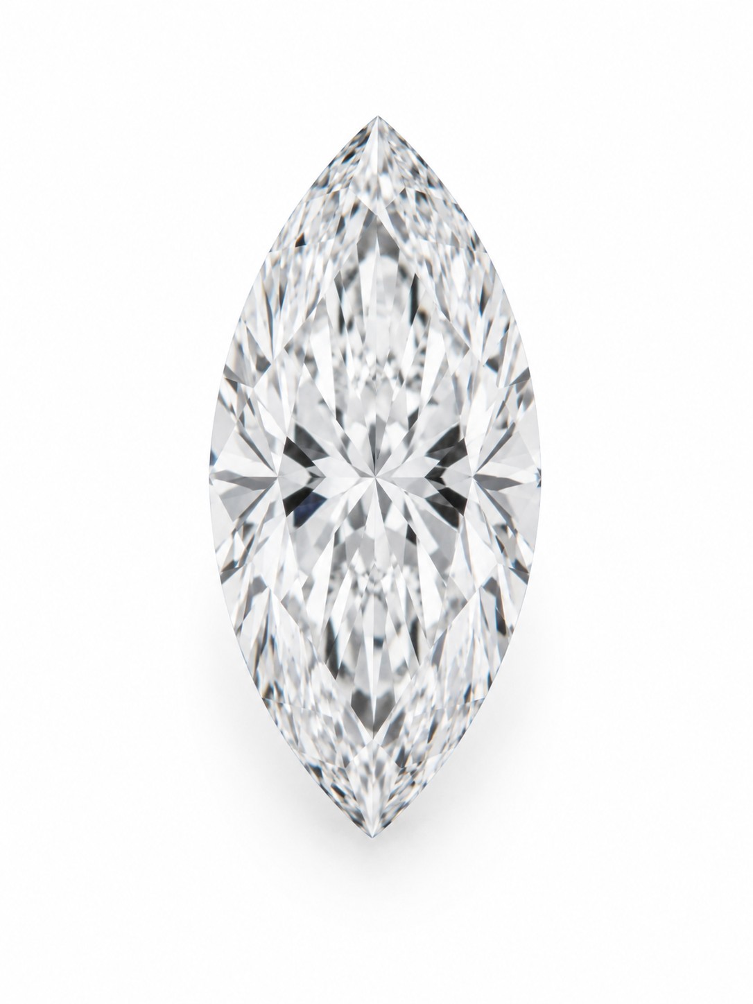 Løs marquise-slebet diamant fotograferet ovenfra på hvid baggrund