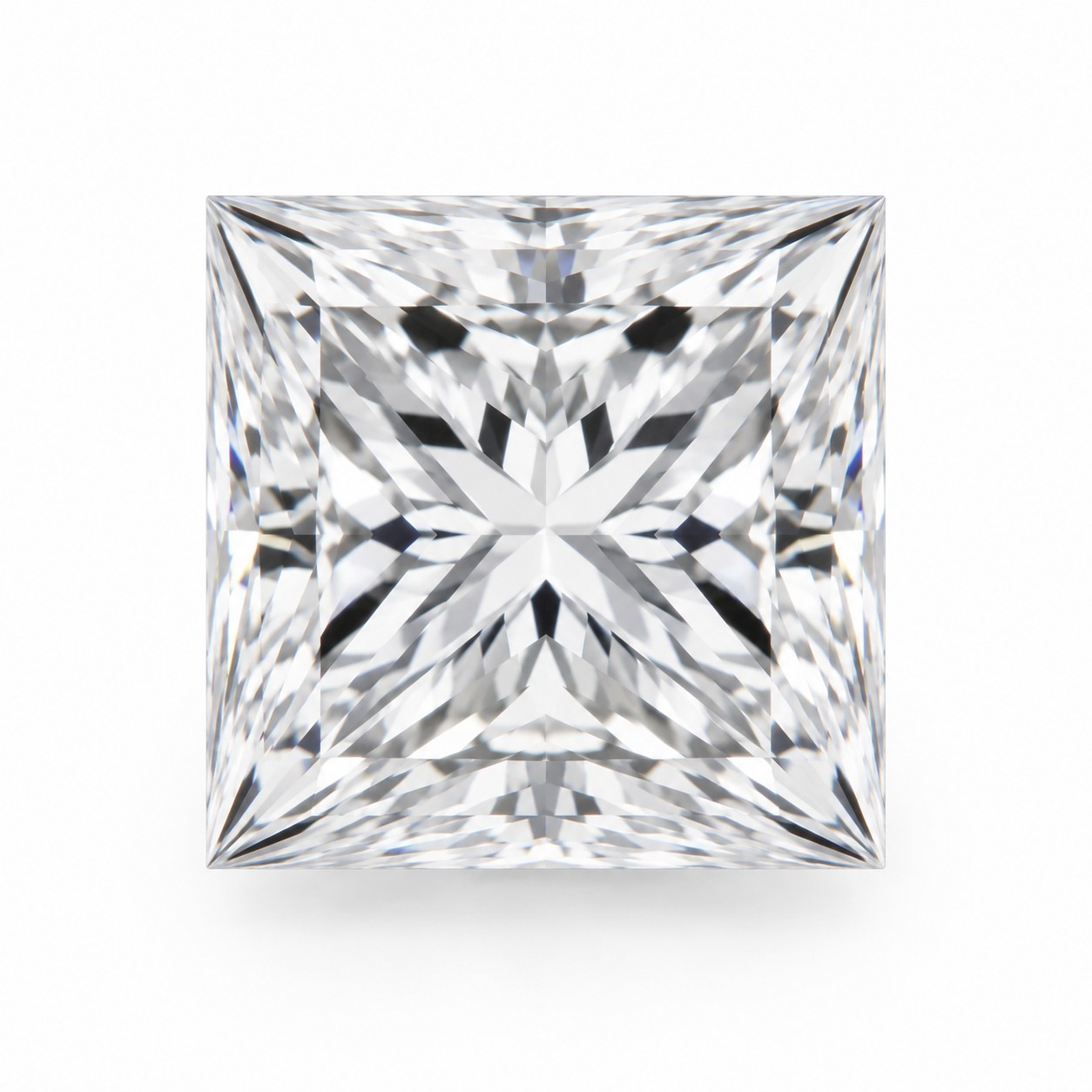 Løs princess-slebet diamant fotograferet ovenfra på hvid baggrund