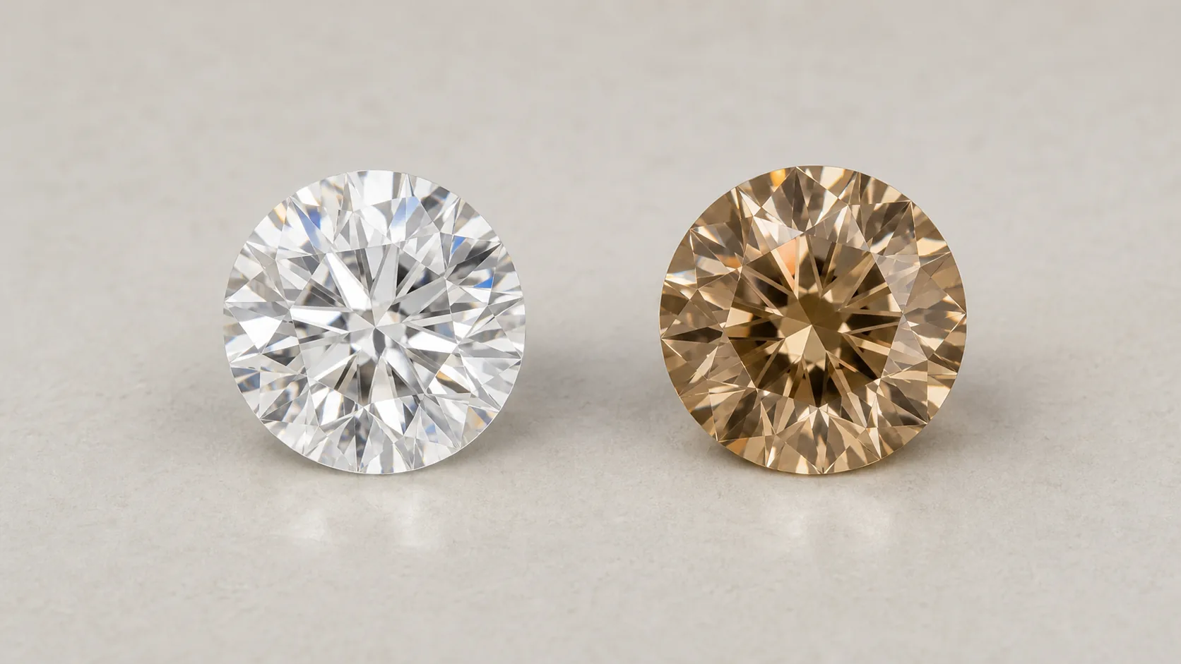 Sammenligning af hvid diamant og brun champagne-diamant side om side, begge round brilliant cut