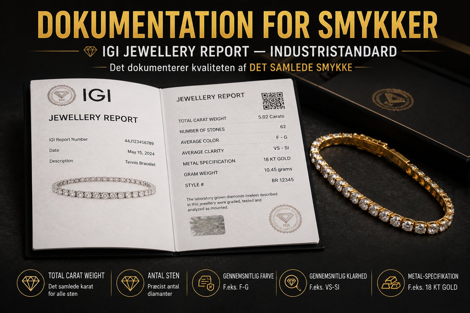 IGI Jewellery Report for tennisarmbånd fotograferet ved siden af et tennisarmbånd i 18 karat guld. Rapporten viser komplet dokumentation: 5.02 carat total weight, 62 sten, F-G average color, VS-SI average clarity, 18 KT GOLD metal specification. Demonstrerer industristandard dokumentation for smykker med mele.