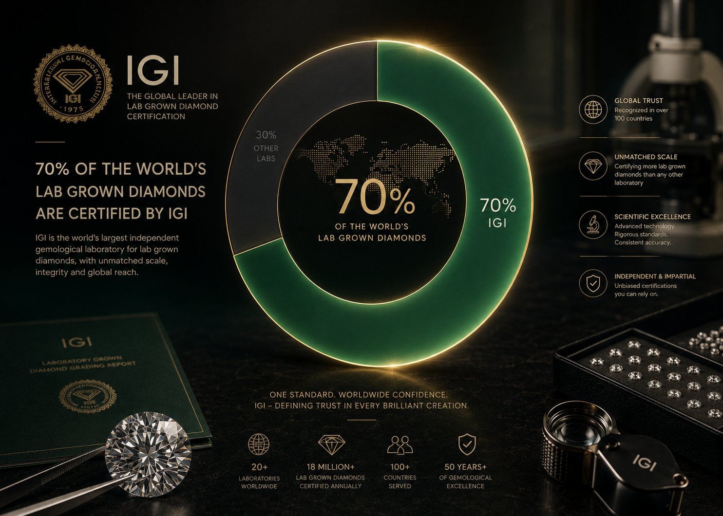 Infografik der viser IGI's dominans i lab grown diamant markedet. Donut-chart viser 70% IGI markedsandel mod 30% andre labs. Inkluderer fire trust-bokse: Global Trust (recognized in 100+ countries), Unmatched Scale (largest lab grown certification volume), Scientific Excellence (rigorous standards), Independent Impartial (unbiased certifications). Nederste fire statistikker: 20+ laboratorier verdensplan, 18 millioner+ lab grown diamanter certificeret årligt, 100+ lande, 50+ års gemmologisk excellence.