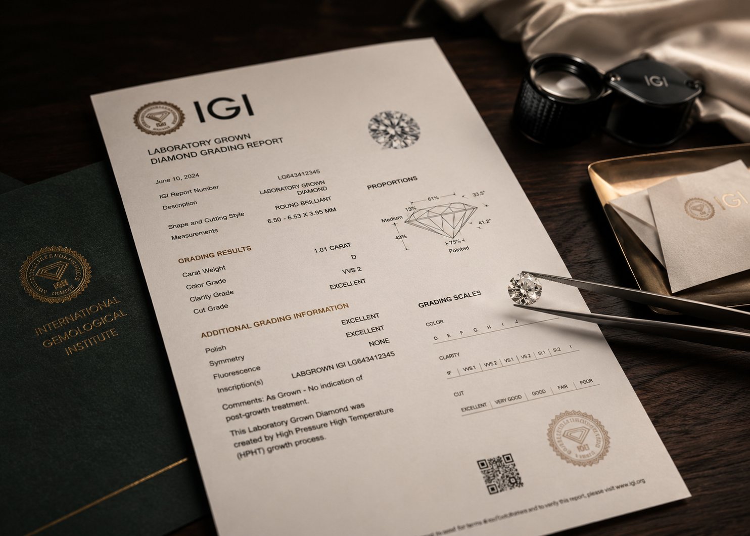 Autentisk IGI Laboratory Grown Diamond Grading Report åbnet på mørkt bord med diamant holdt i tweezers og IGI-branded juvelers loupe. Rapporten viser specifik grading med Color Grade D, Clarity VVS2, Cut Excellent — den slags dokumentation IGI udsteder for lab grown diamanter.