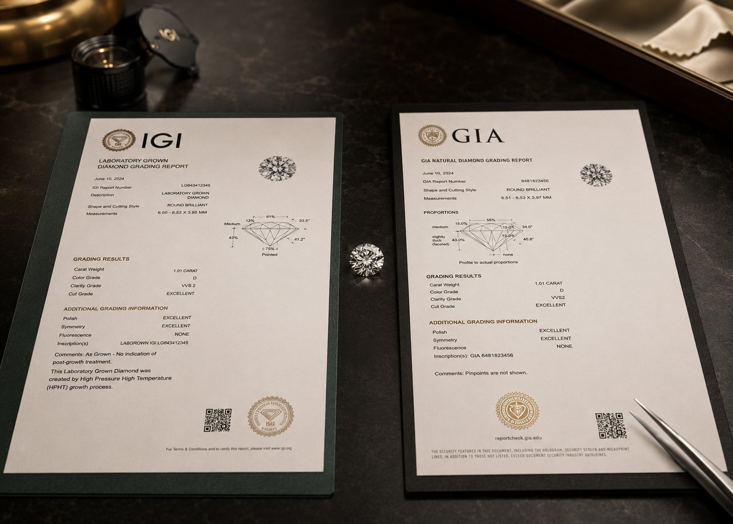 Side-om-side sammenligning af IGI Laboratory Grown Diamond Report og GIA Natural Diamond Grading Report fotograferet på mørkt bord. Begge rapporter viser identisk grading (1.01 carat, D farve, VVS2 klarhed, Excellent cut) — demonstrerer at IGI og GIA bruger samme parametre og format, men med forskellige strenghedsstandarder.
