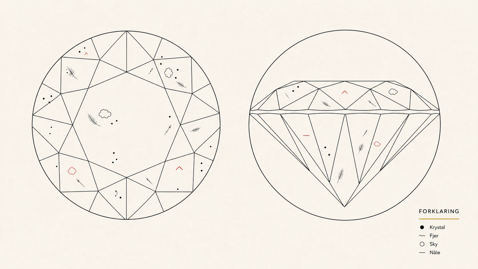 Eksempel på et GIA inklusionsplot-diagram med håndtegnede symboler der markerer type og placering af naturlige inklusioner i en rund brillant diamant, set fra top og profil