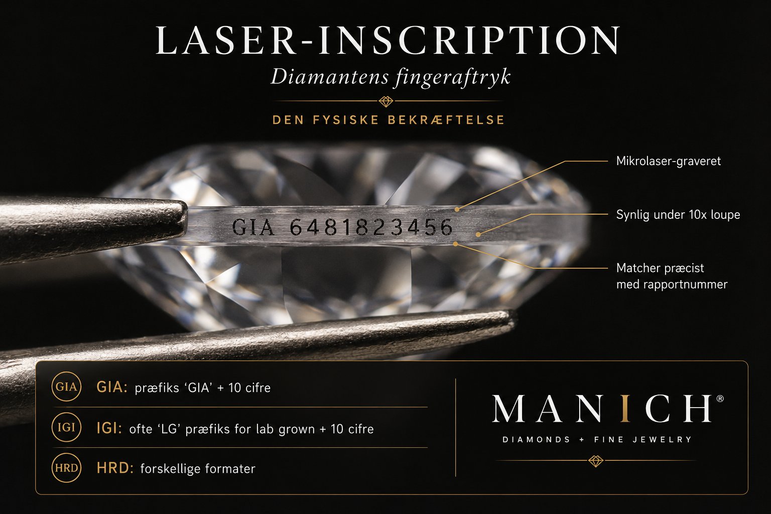 Ekstrem makro-fotografering af diamantens girdle (yderkant) under 10x forstørrelse. Laser-graveret rapportnummer 'GIA 6481823456' tydeligt synligt på overfladen. Diamanten holdes i fine sølv-tweezers under professionel studie-belysning. Annotation-bokse forklarer at inscriptionen er mikrolaser-graveret, synlig under 10x loupe, og matcher præcist med rapportnummeret.