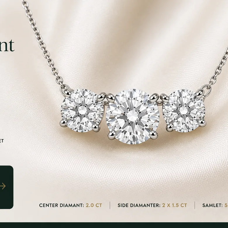 Tre stens diamant-vedhæng med 2,0 ct centerdiamant og 2× 1,5 ct sidediamanter i lab grown, 14 kt hvidguld