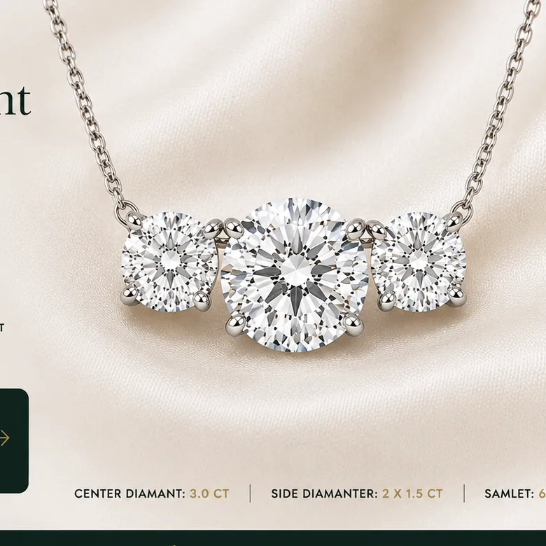 Tre stens diamant-vedhæng med 3,0 ct centerdiamant og 2× 1,5 ct sidediamanter i lab grown, 14 kt hvidguld