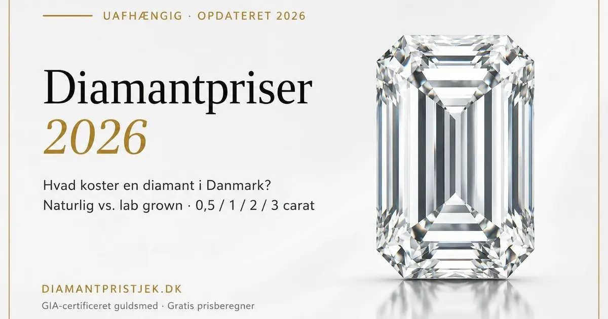 Diamantpriser 2026 — Hvad koster en diamant i Danmark? Naturlig vs. lab grown for 0,5, 1, 2 og 3 carat. Independent dansk prisguide.