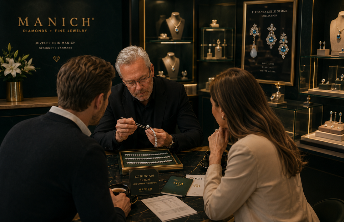 Erik Manich rådgiver kunder om diamantvalg i Manich showroom