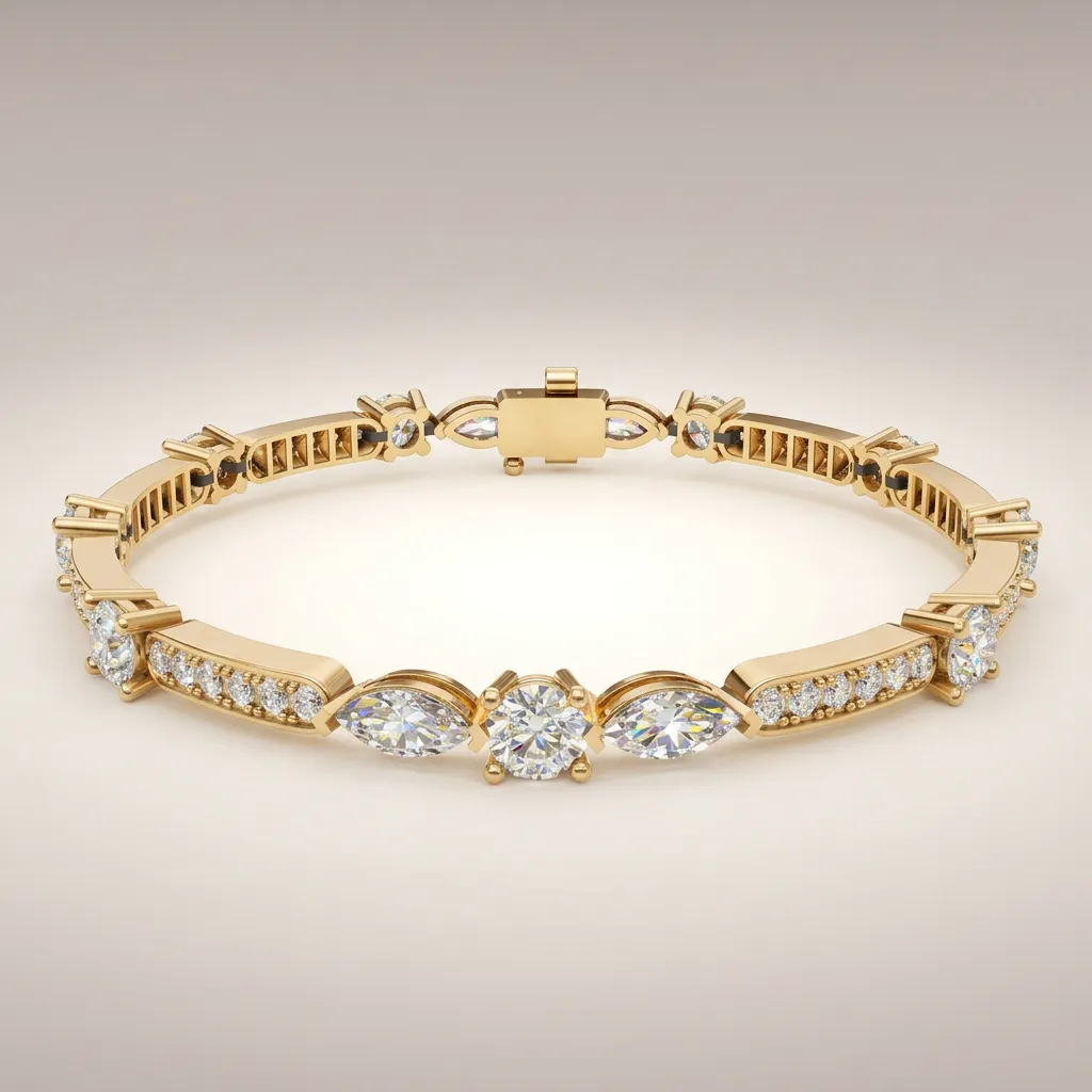 Tennisarmbånd i 18 karat gulguld — Marquise og Round diamanter 7,08 ct