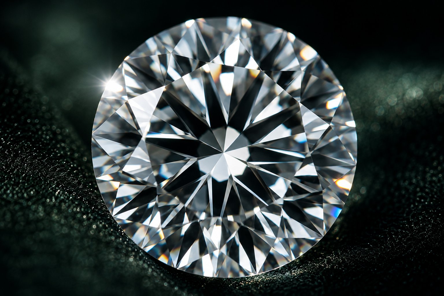 Ultra-makro fotografi af en GIA-certificeret diamant med Excellent cut, fotograferet ovenfra så facetterne og brillansen er synlige. Diamanten viser maksimal lysreflektion og krystalklarhed — den synlige forskel når en sten er optimalt slebet og dokumenteret.