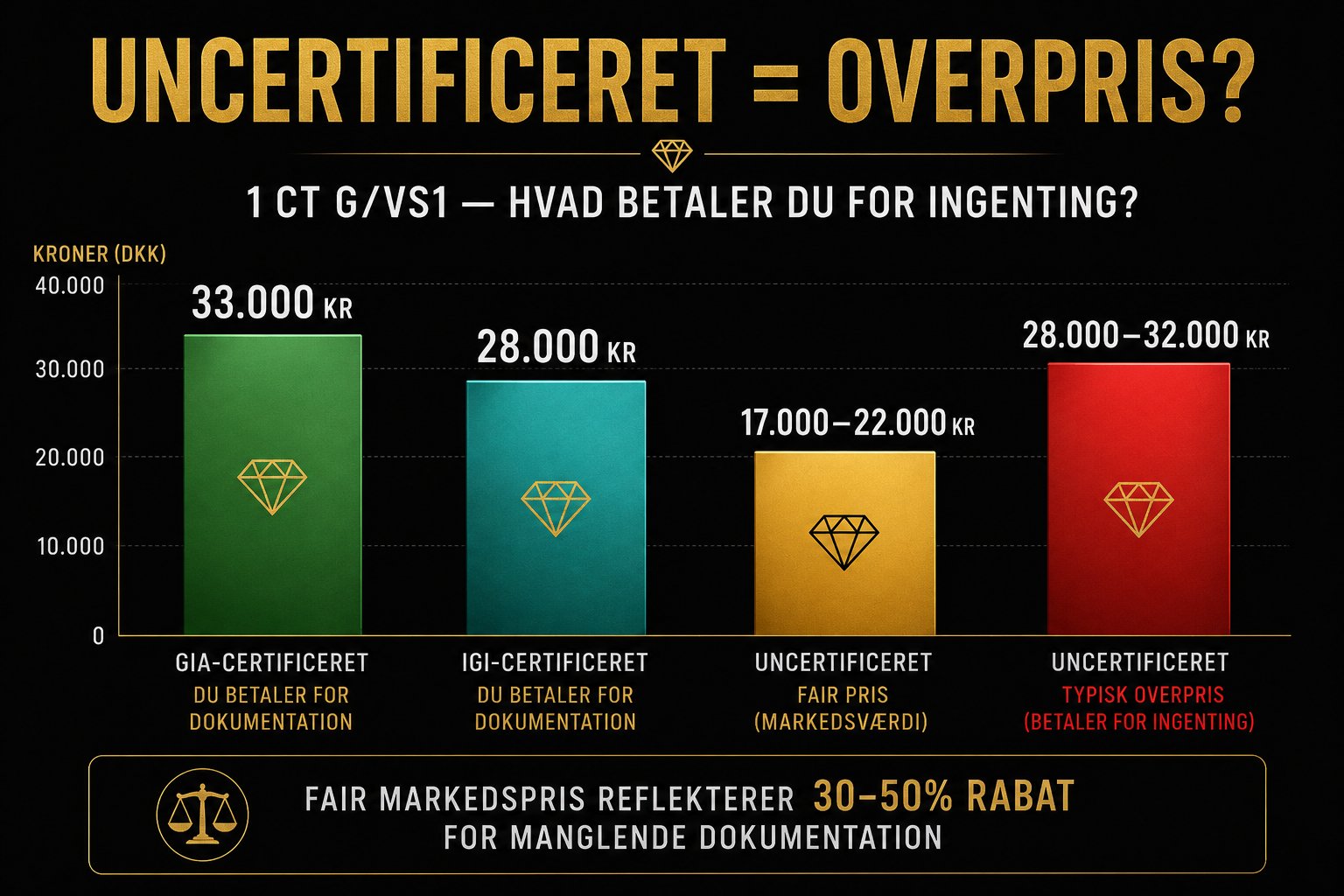 Pris-sammenligning bar chart for 1 ct G/VS1 naturlig diamant: GIA-certificeret 33.000 kr (grøn), IGI-certificeret 28.000 kr (teal), Uncertificeret fair pris 17.000-22.000 kr (guld), Uncertificeret typisk overpris 28.000-32.000 kr (rød). Demonstrerer at fair markedspris reflekterer 30-50% rabat for manglende dokumentation.