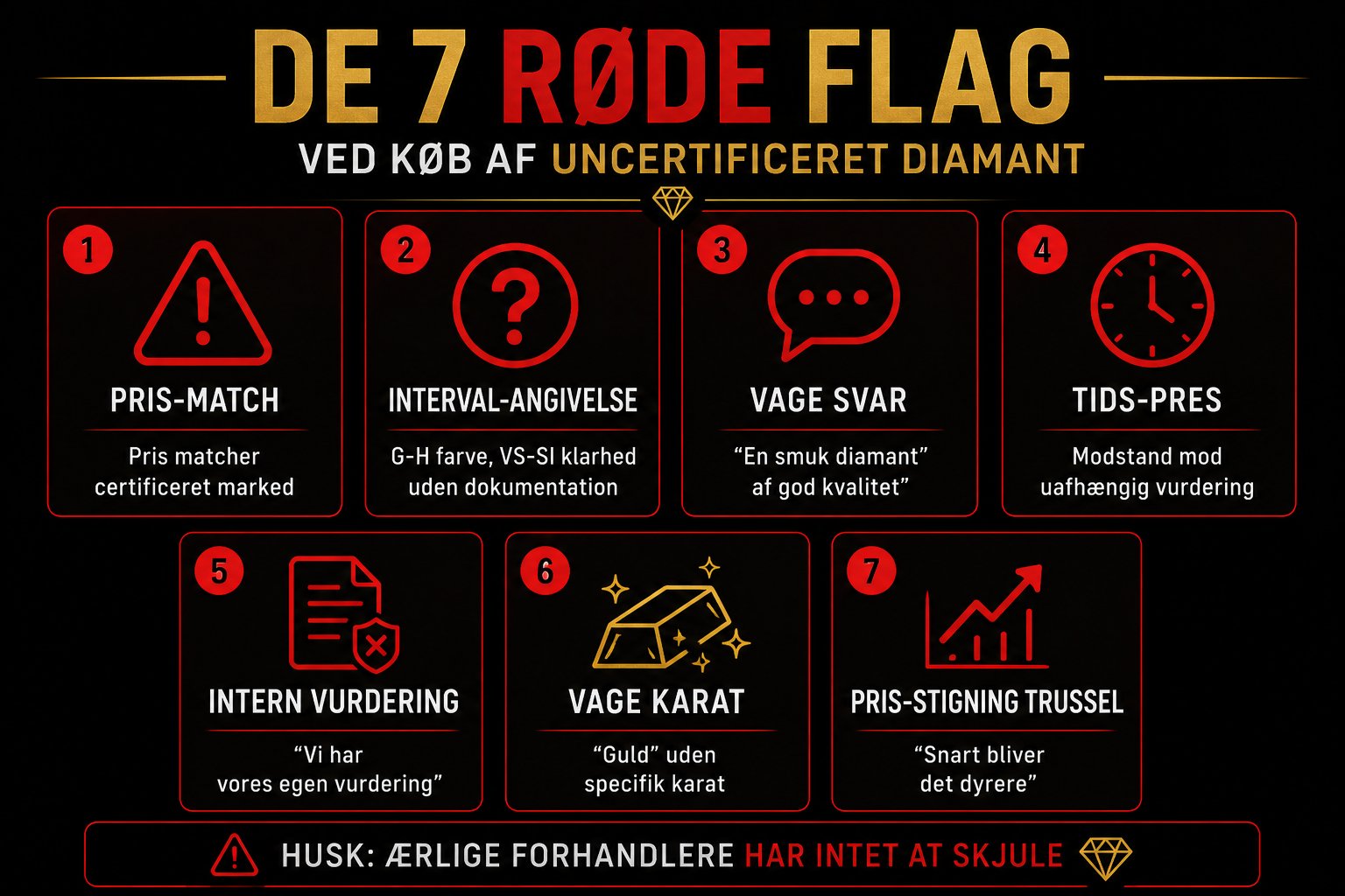 Infografik der viser de 7 røde flag ved køb af uncertificeret diamant: 1) Pris-match med certificeret marked, 2) Interval-angivelse uden dokumentation, 3) Vage svar om kvalitet, 4) Tids-pres mod uafhængig vurdering, 5) Intern vurdering som dokumentation, 6) Vage karat-angivelser i guld, 7) Pris-stigning trussel som salgs-trick. Hver advarsel illustreret med ikon på sort baggrund med rød accent.