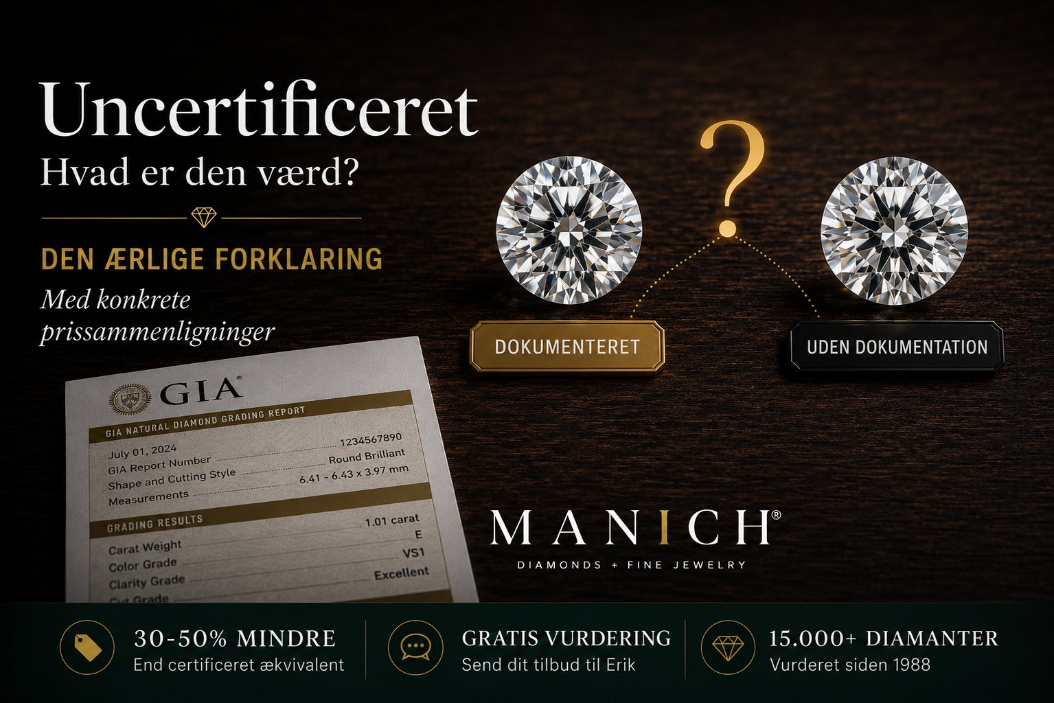 Uncertificeret vs certificeret diamant — to identiske diamanter side om side på mørkt bord, én med GIA-rapport som dokumentation, én uden. Spørgsmålstegn mellem dem illustrerer den asymmetriske information køberen står overfor. Manich brand-værdier nederst: 30-50% mindre, gratis vurdering, 15.000+ diamanter vurderet siden 1988.