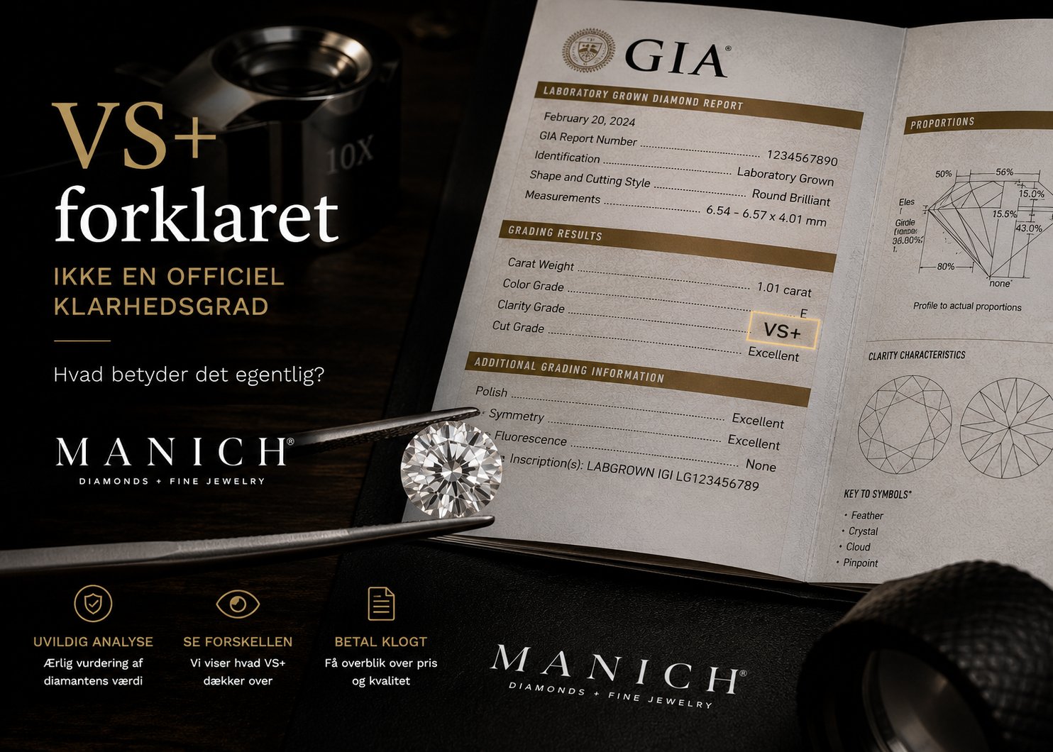 VS+ forklaret — fotografi af GIA Laboratory Grown Diamond Report åbnet på bordet, med diamant holdt i tweezers og 10x juvelers loupe i baggrunden. Rapporten viser et eksempel hvor 'VS+' er markeret som klarhedsgrad — men VS+ er ikke en officiel GIA-klarhedsgrad.