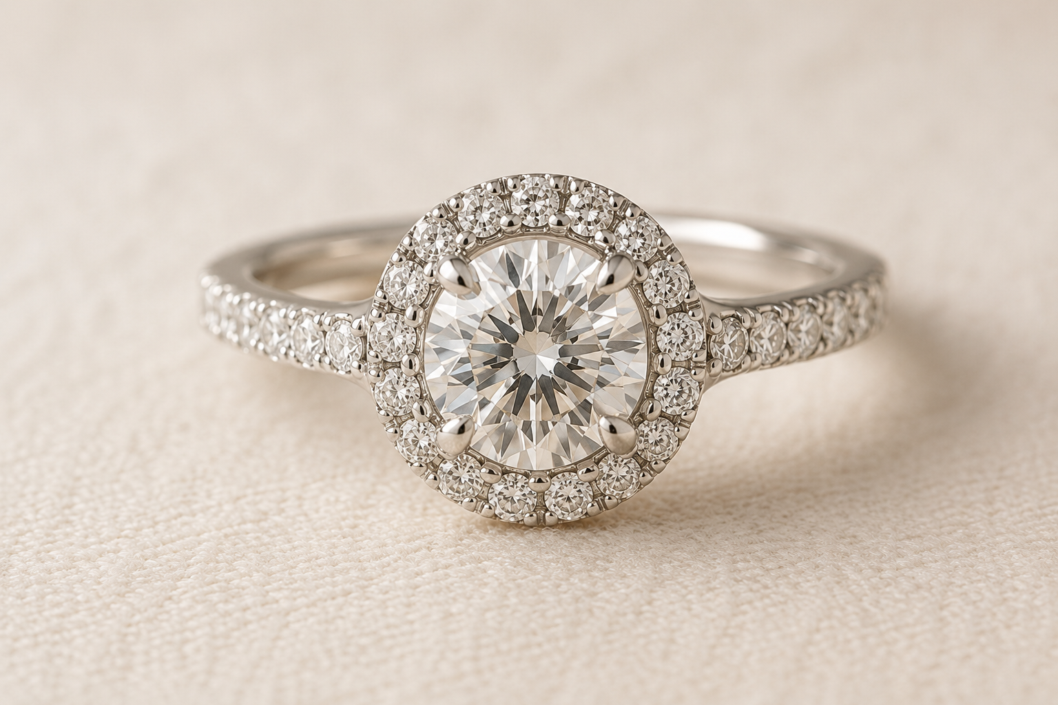 Halo og pavé ring med center diamant omgivet af mindre sten
