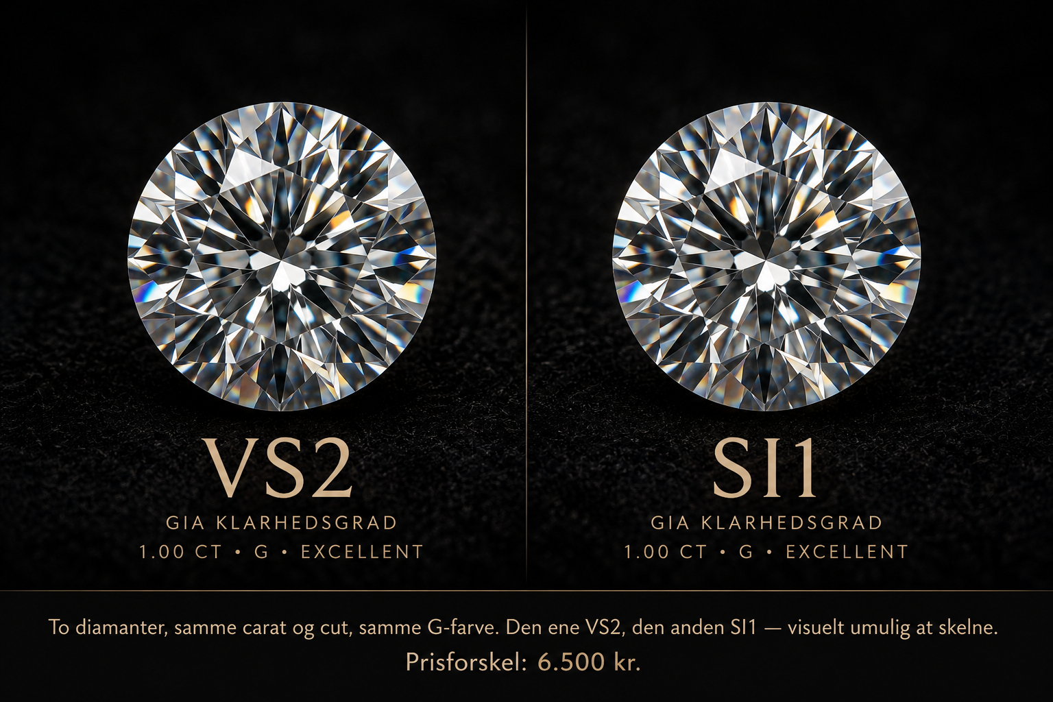 VS2 og SI1 diamanter side om side — visuelt umulig at skelne, prisforskel 6.500 kr.