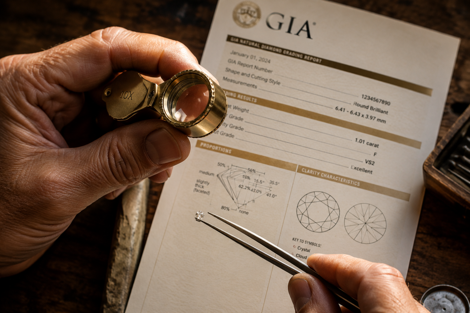 Juveler inspicerer diamant med 10x loupe over GIA-certifikat
